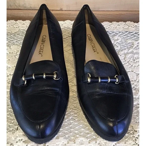 Cabin Creek Womens 9W Black Leather Flats Loafers Classic Preppy Academia Career - Picture 2 of 8